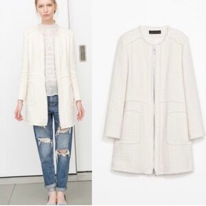 ZARA Tweed Fringe Textured‎ Full Zip Long Coat Ivory Cream Women’s XS